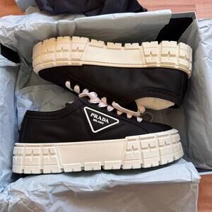 Prada Women's White Double Wheel Re-Nylon Gabardine Sneakers Size 39.5